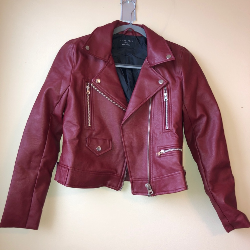 Faux wine colored leather jacket from nasty gal.